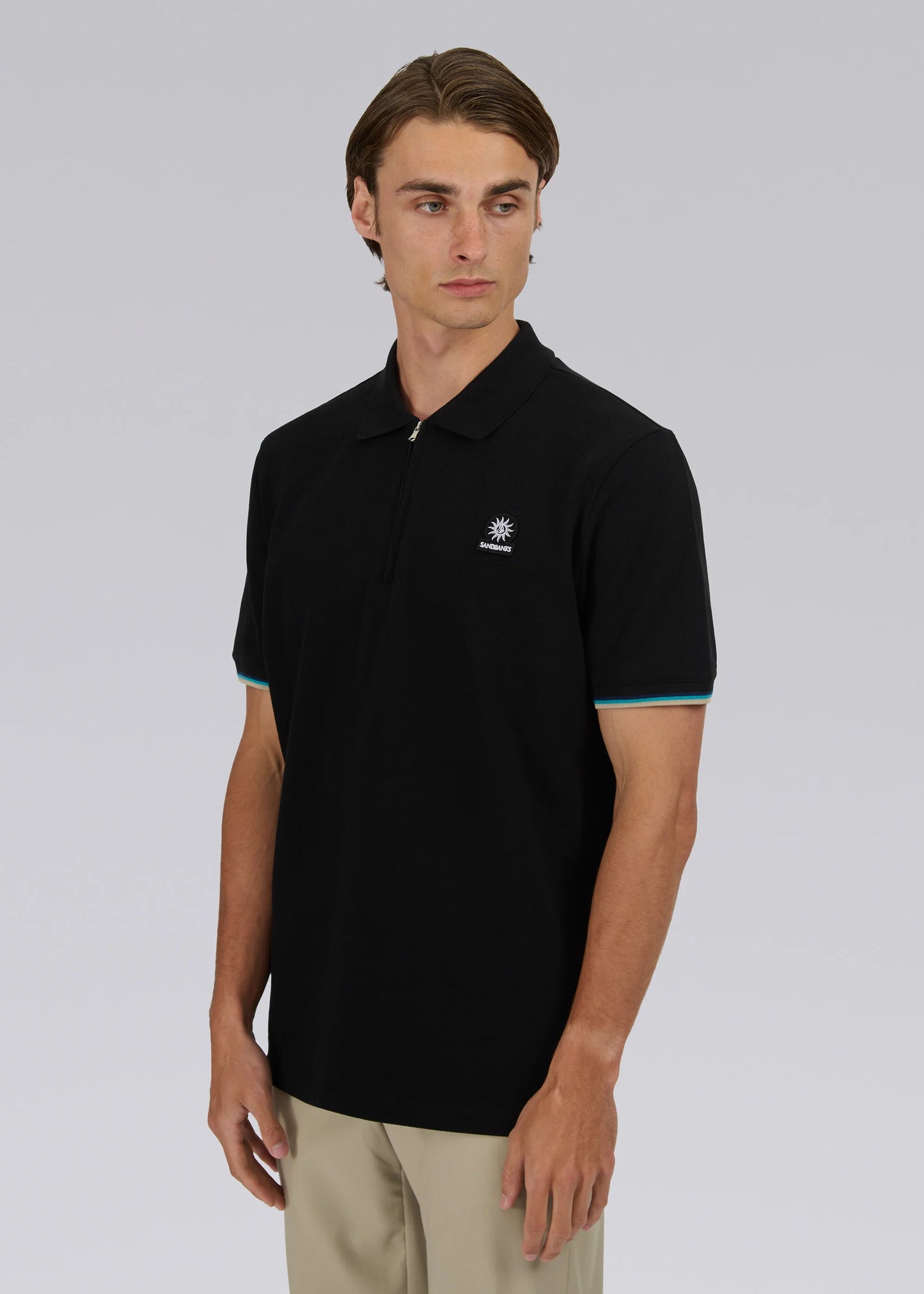 Sandbanks Badge Logo Pique zipped Polo Shirt -black